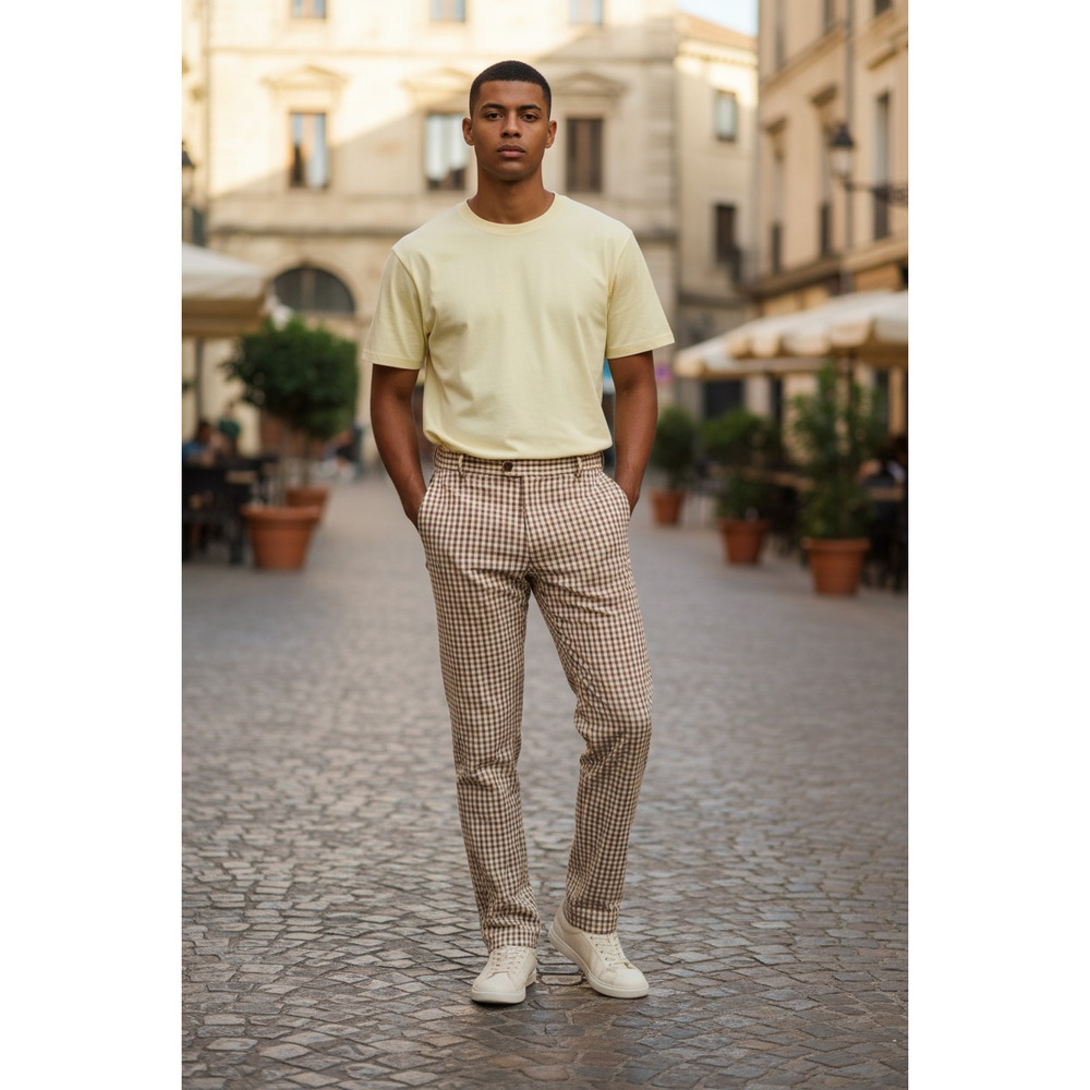 Houston White Brown & White Straight Leg Gingham Check Seersucker Chinos Size:XL